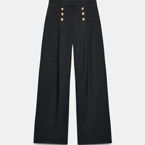 ZARA Pull-on Gabardine Wide Leg Trousers w Gold Sailor Buttons. Dark Grey, M NWT